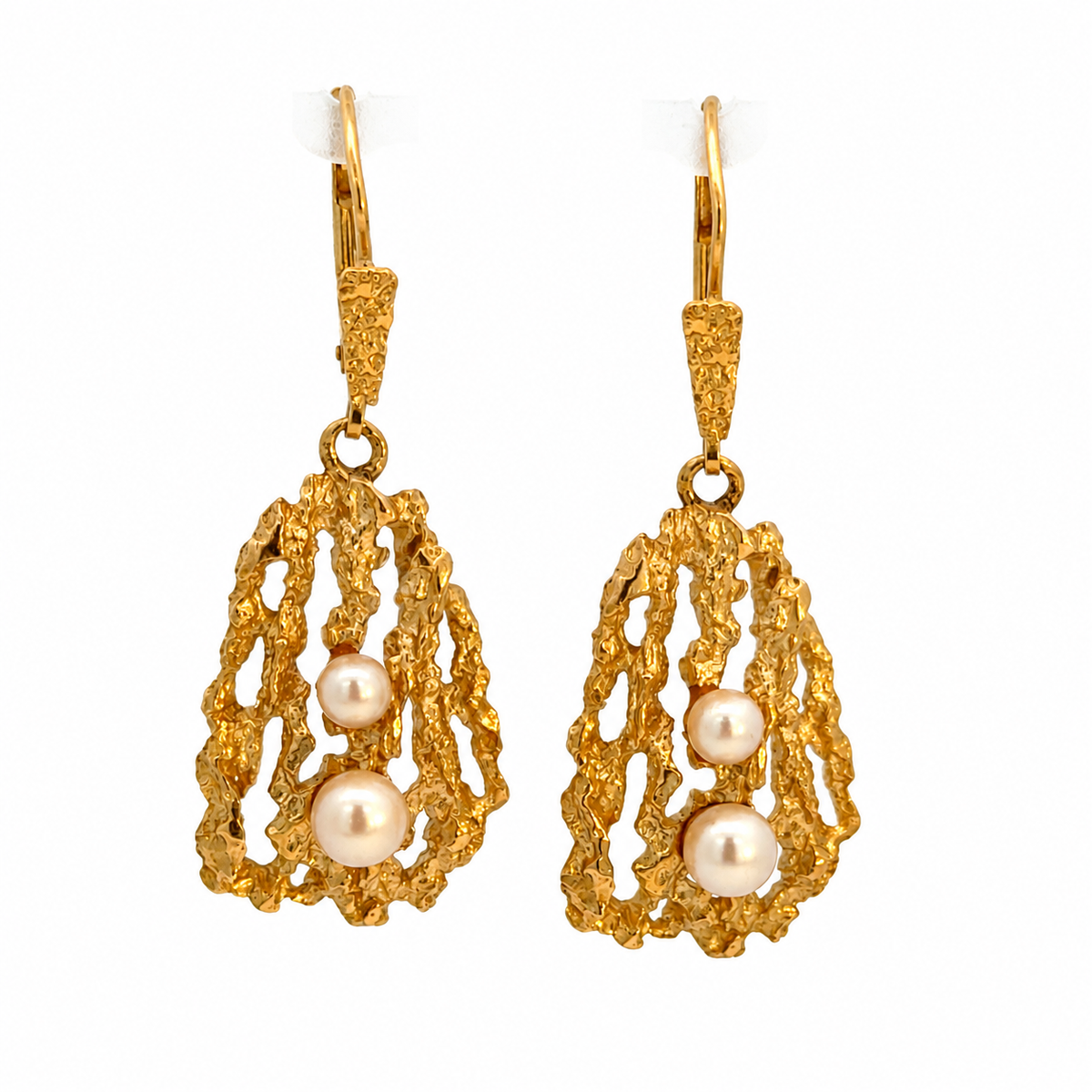 18K Yellow Gold Textured Openwork Pearl Drop Earrings