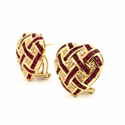 14K Yellow Gold Ruby & Diamond Woven Heart Earrings