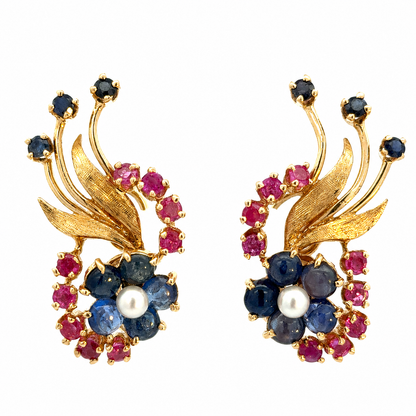 Vintage 14K Yellow Gold Ruby, Sapphire & Pearl Floral Clip-On Earrings