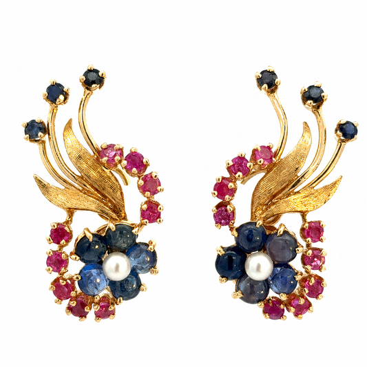 Vintage 14K Yellow Gold Ruby, Sapphire & Pearl Floral Clip-On Earrings