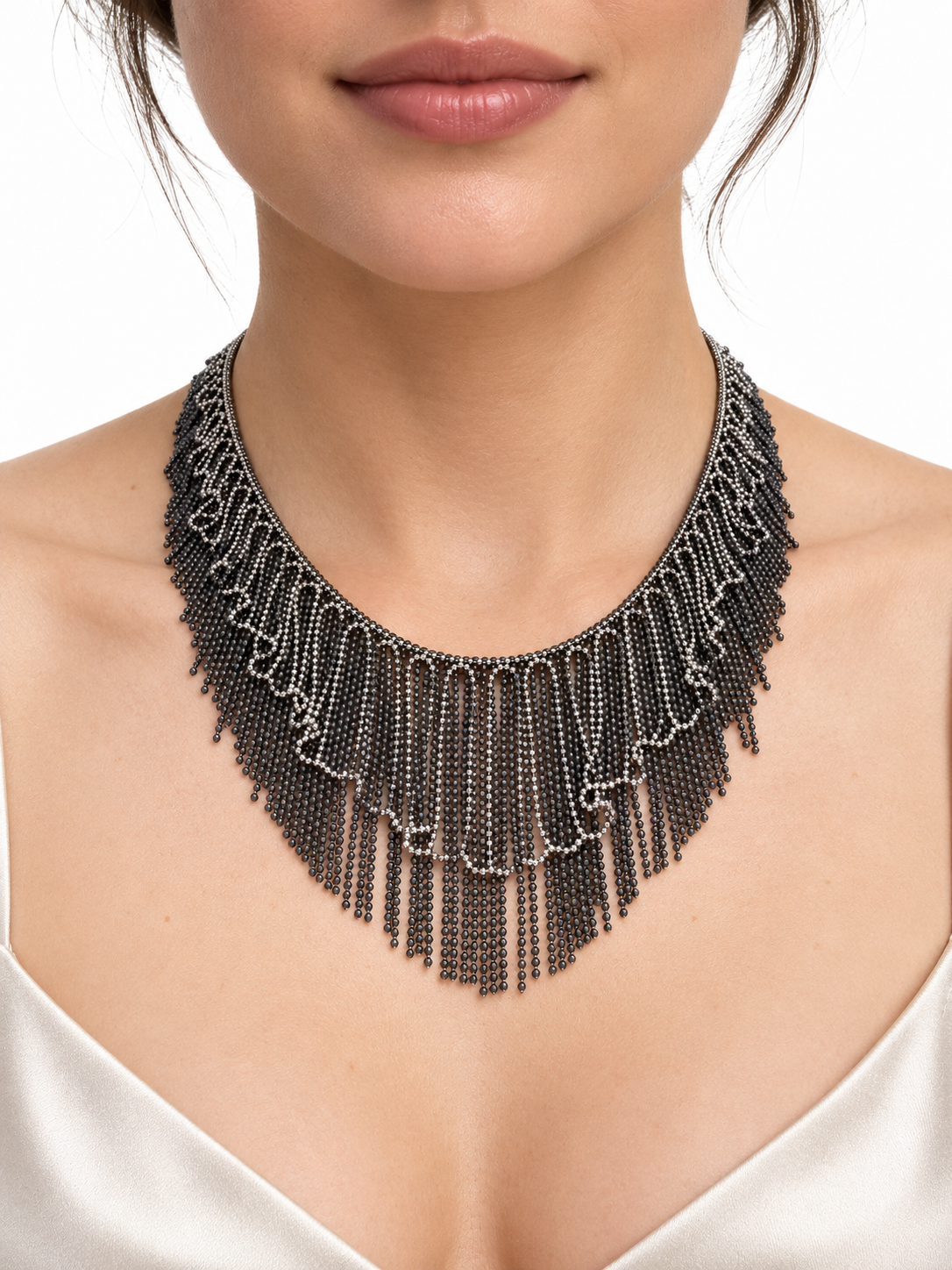 Platinum Graduated Lace-Like Fringe Necklace with Bright and Dark Patinated Details