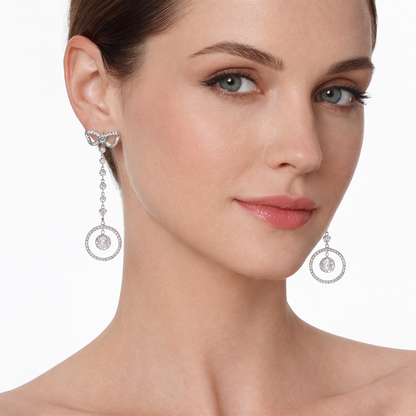 18K White Gold Diamond Bow Drop Earrings