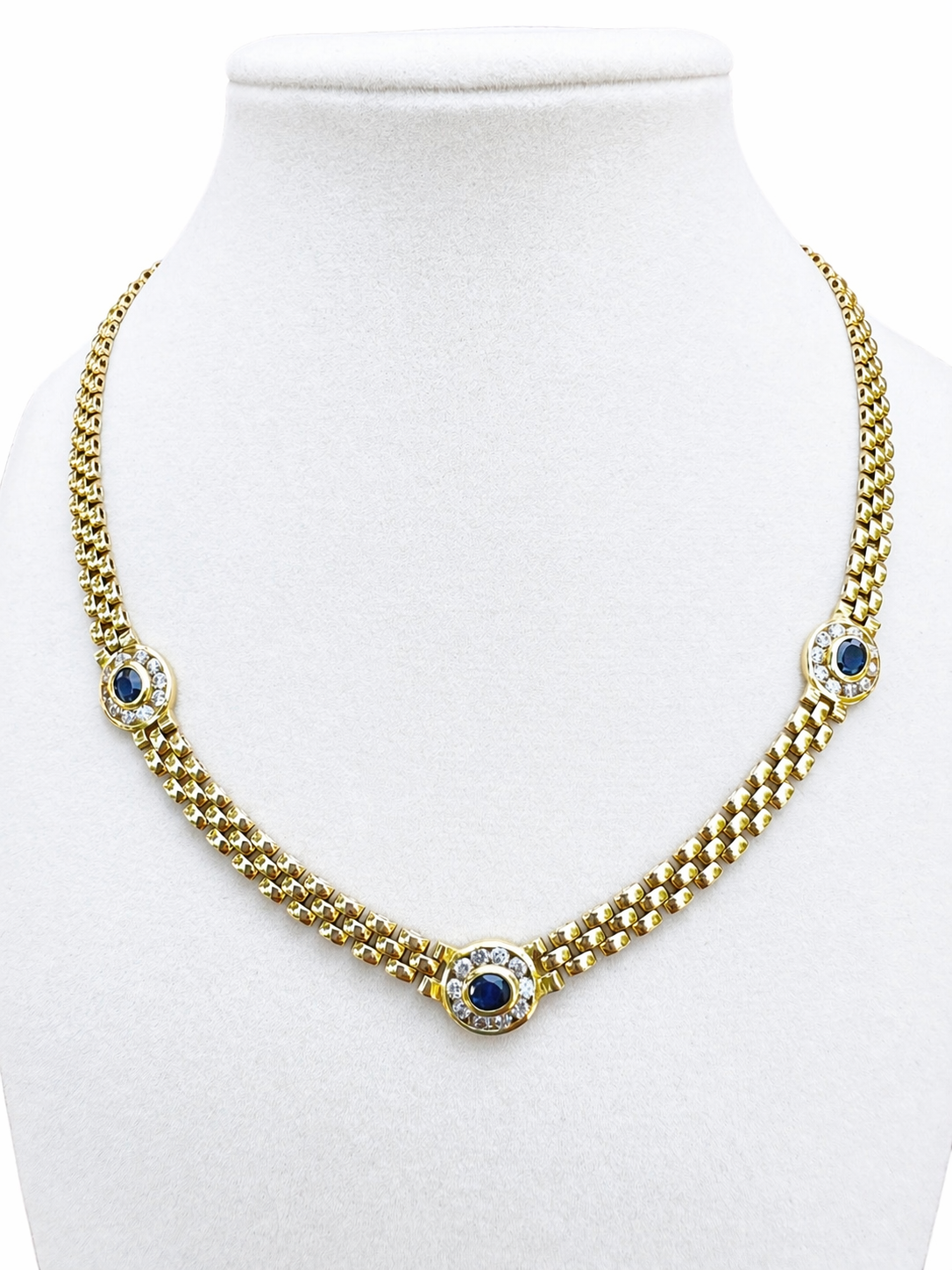 Vintage     18K Yellow Gold Sapphire Diamond Necklace – Flexible Link Chain