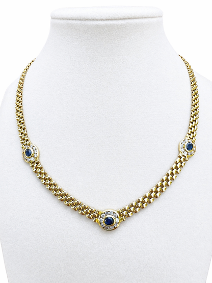 Vintage     18K Yellow Gold Sapphire Diamond Necklace – Flexible Link Chain