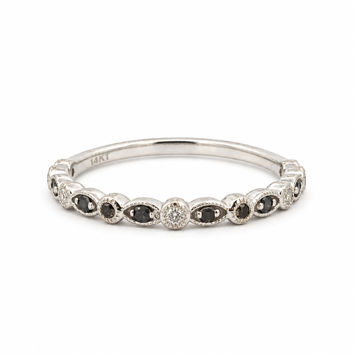 14K White Gold Black & White Diamond Milgrain Band