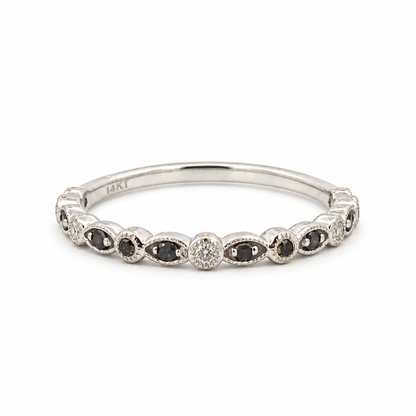 14K White Gold Black & White Diamond Milgrain Band
