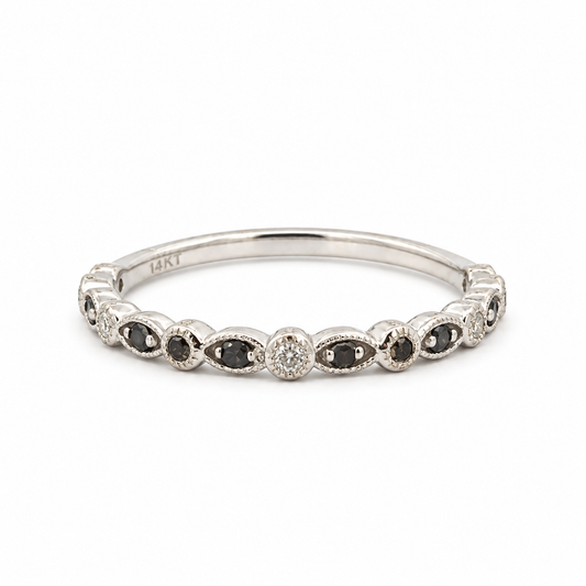 14K White Gold Black & White Diamond Milgrain Band