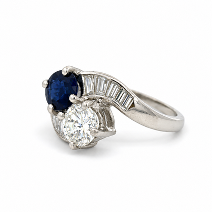 Platinum Diamond and Sapphire Toi et Moi Bypass Ring