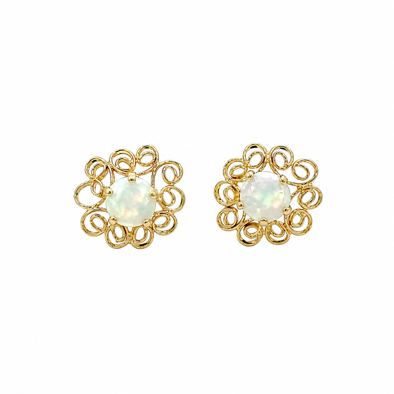 14K Yellow Gold Opal Filigree Post Earrings
