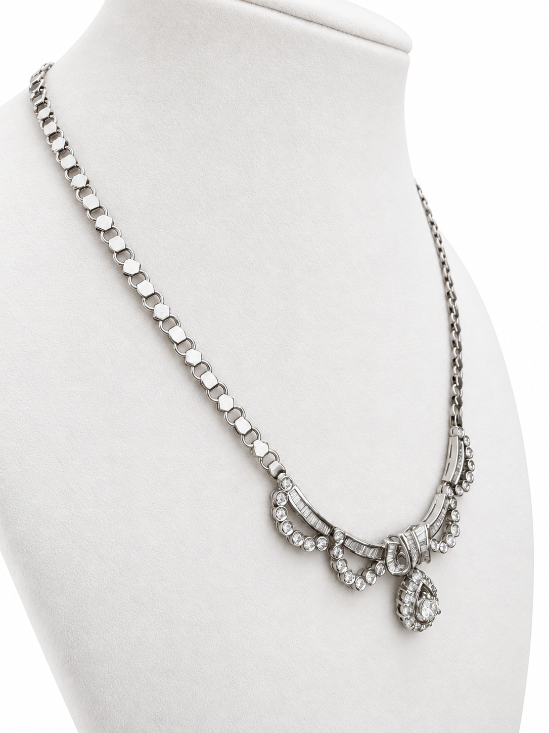 18K White Gold Diamond Swag Necklace with Teardrop Dangle — Approx. 4.84 CT, 16 Inches