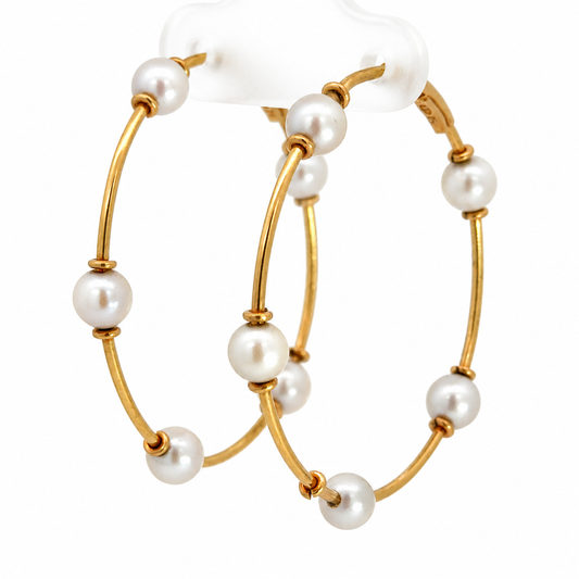 18K Yellow Gold Pearl Station Hoop Earrings – Made in Italy