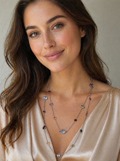 Long 14K White Gold Multicolor Gemstone Station Necklace, 49 Inch Layering Necklace