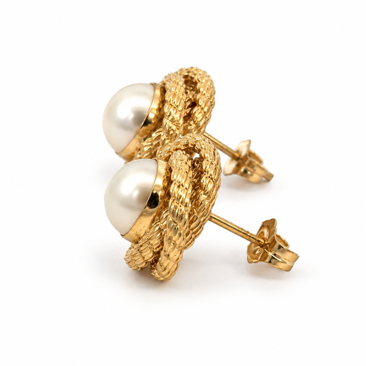 14K Yellow Gold Pearl Textured Love Knot Stud Earrings
