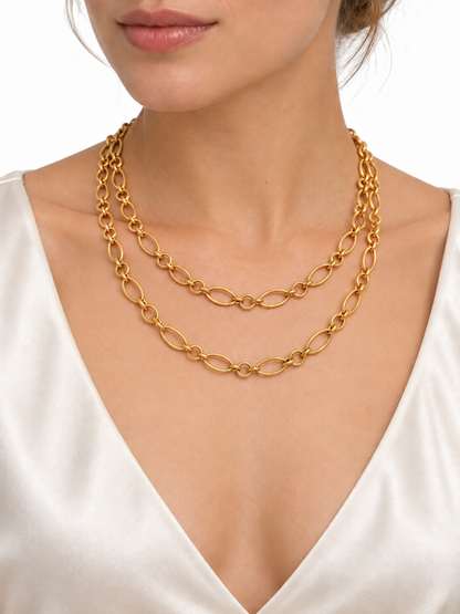 Vintage 1950s 18K Yellow Gold Textured Round & Oval Link Necklace — 40″ Long or Doubled