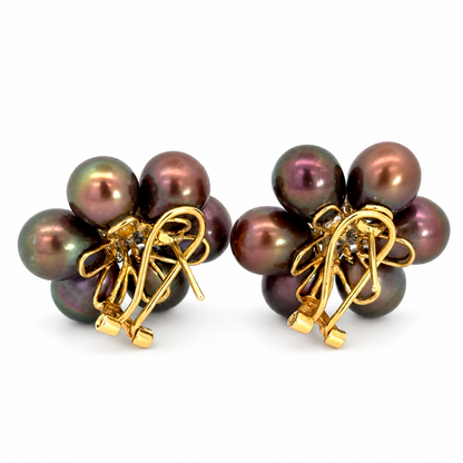 14K Yellow Gold Oval Black Pearl Flower Earrings