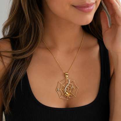 14K Yellow Gold Openwork Spider Web Pendant with Diamond Web