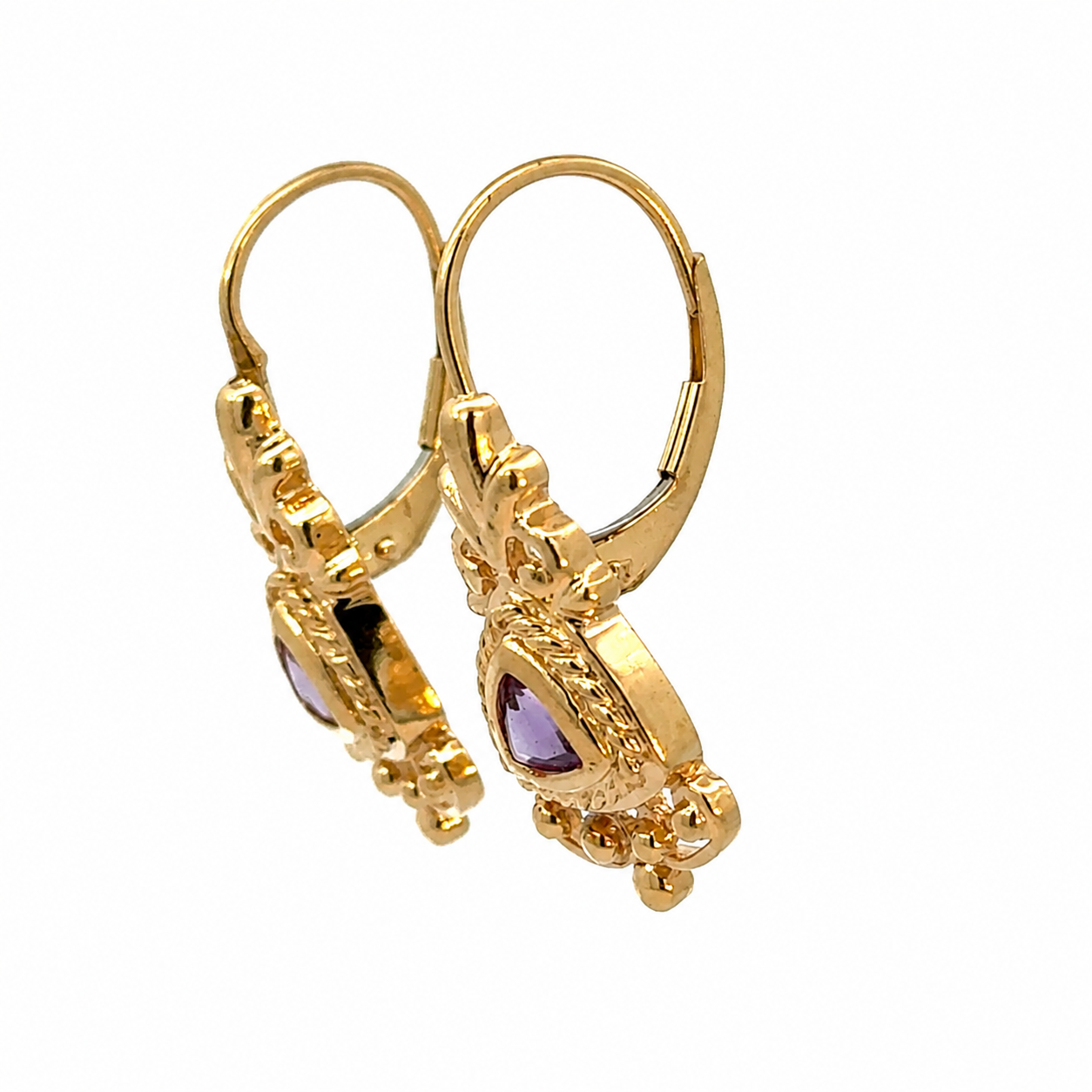 14K Yellow Gold Trillion-Cut Amethyst Ornate Drop Earrings