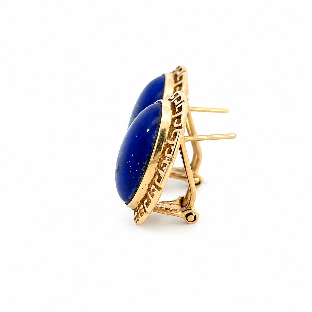Vintage 14K Yellow Gold Lapis Lazuli Greek Key Motif Earrings