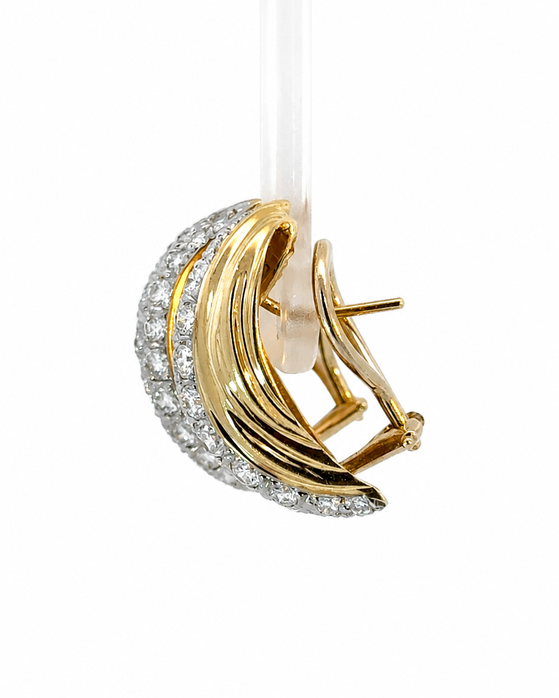 Vintage 14K Yellow Gold Diamond Curved Leaf Earrings