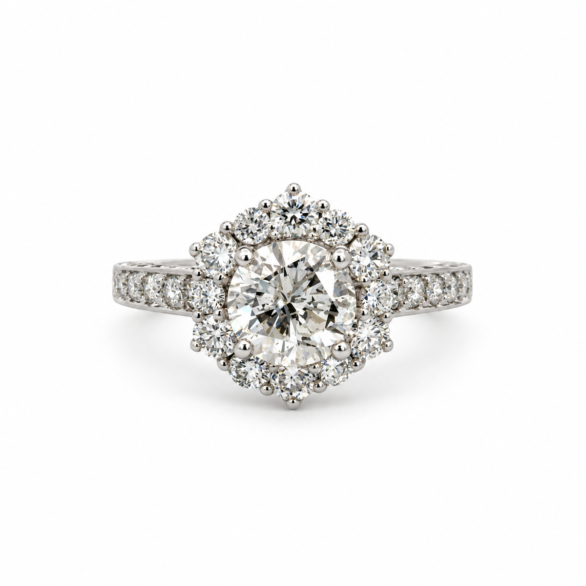 18K White Gold Round Diamond Cluster Ring with Diamond Shoulders