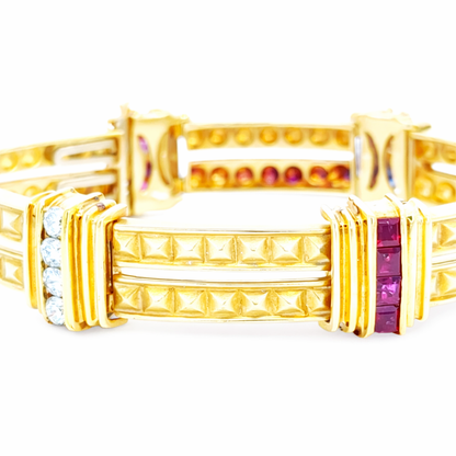 18K Yellow Gold Gemstone Bracelet with Diamonds, Rubies & Sapphires