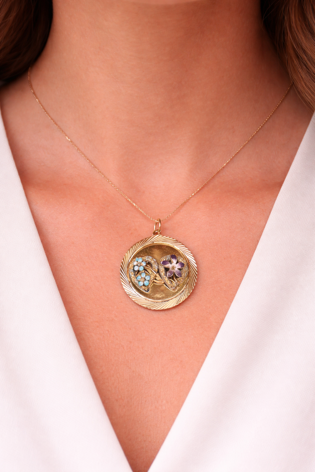 Vintage 14K Gold Enamel Clematis & Forget-Me-Not Double Heart Pendant