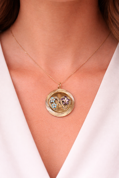 Vintage 14K Gold Enamel Clematis & Forget-Me-Not Double Heart Pendant