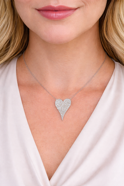 14K White Gold Pavé Diamond Heart Necklace – Adjustable 15–18”