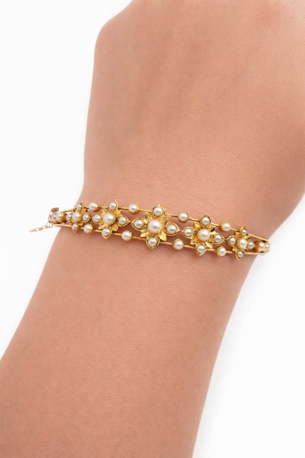 Antique 14K Yellow Gold Seed Pearl Floral Bangle Bracelet