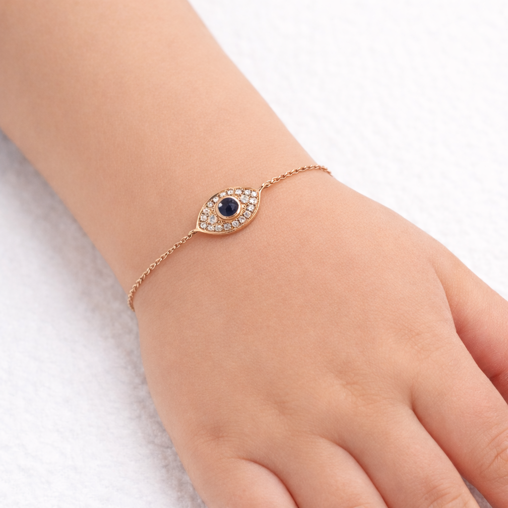 Delicate 18K Gold Sapphire Evil Eye Bracelet for Children, Adjustable