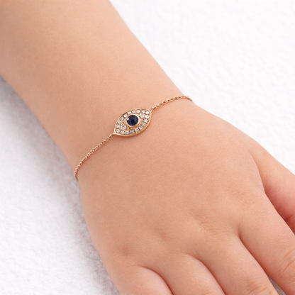 Delicate 18K Gold Sapphire Evil Eye Bracelet for Children, Adjustable