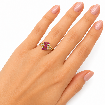 Vintage 14K Yellow Gold Ruby & Diamond Floral Ring