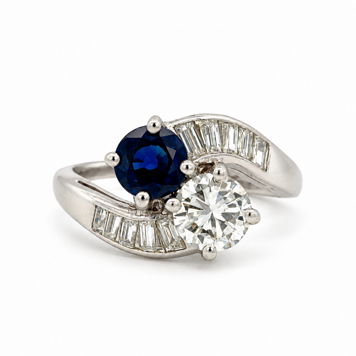 Platinum Diamond and Sapphire Toi et Moi Bypass Ring
