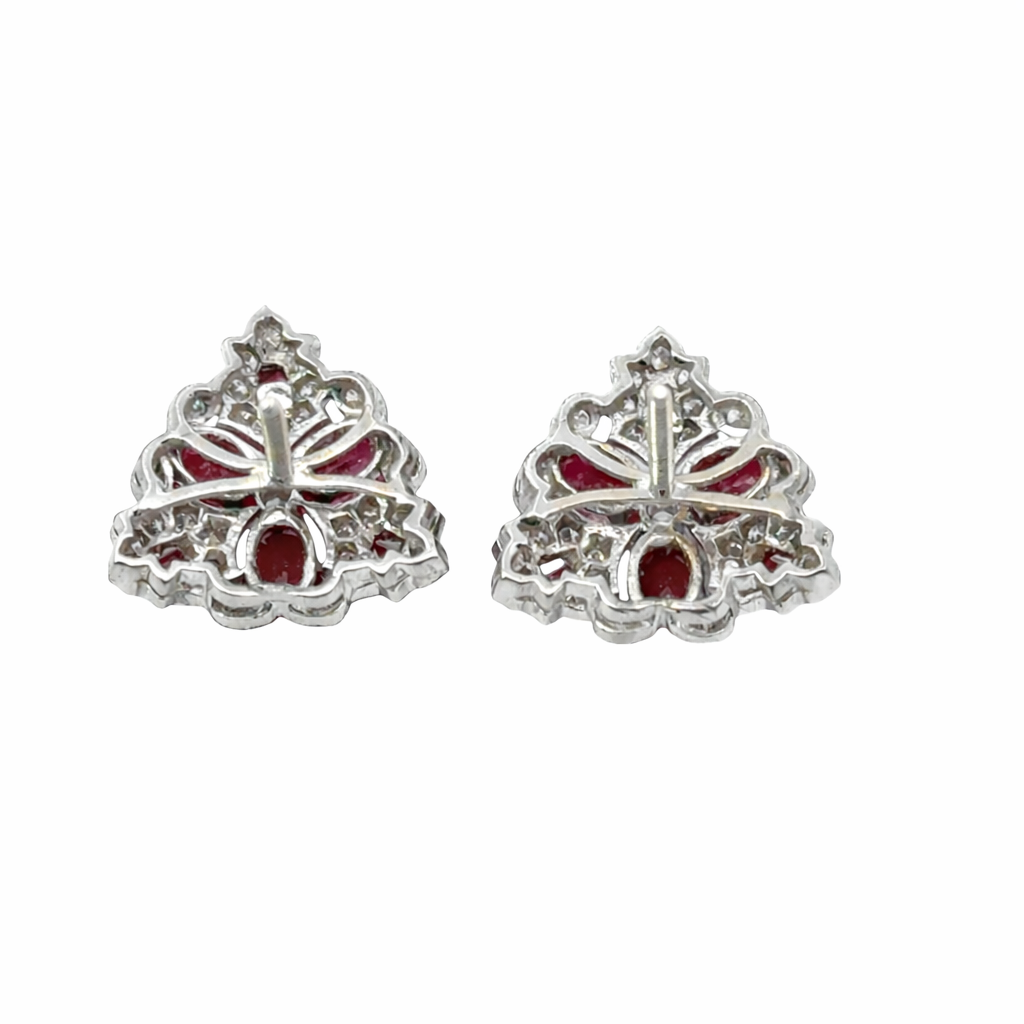 18K White Gold Ruby & Diamond Floral Stud Earrings, Screw-Back