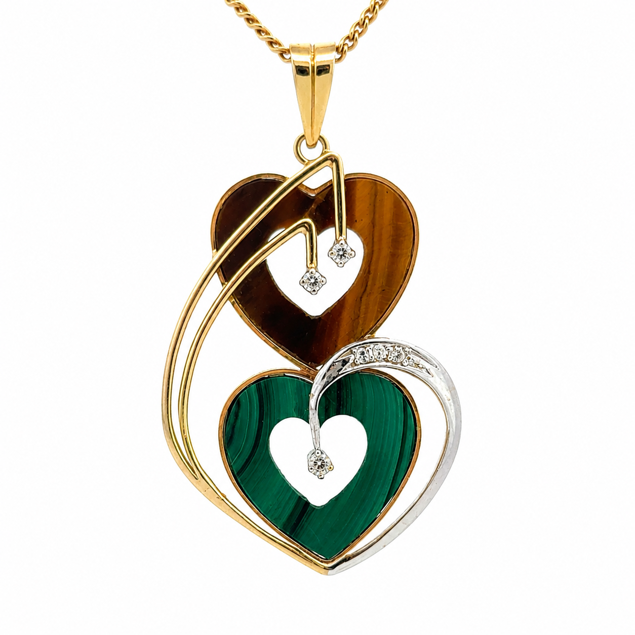 14K Yellow & White Gold Malachite, Tiger’s Eye & Diamond Double Heart Pendant