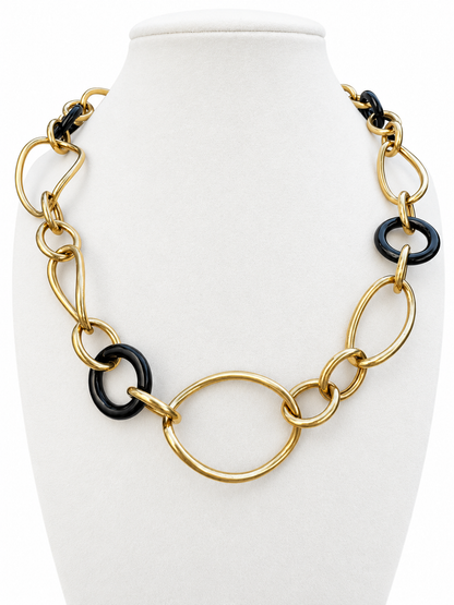 Italian 18K Yellow Gold & Black Onyx Sculptural Link Necklace — 20 Inches