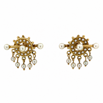 Estate 14K Gold & Seed Pearl Earrings | Unique Fringe Design