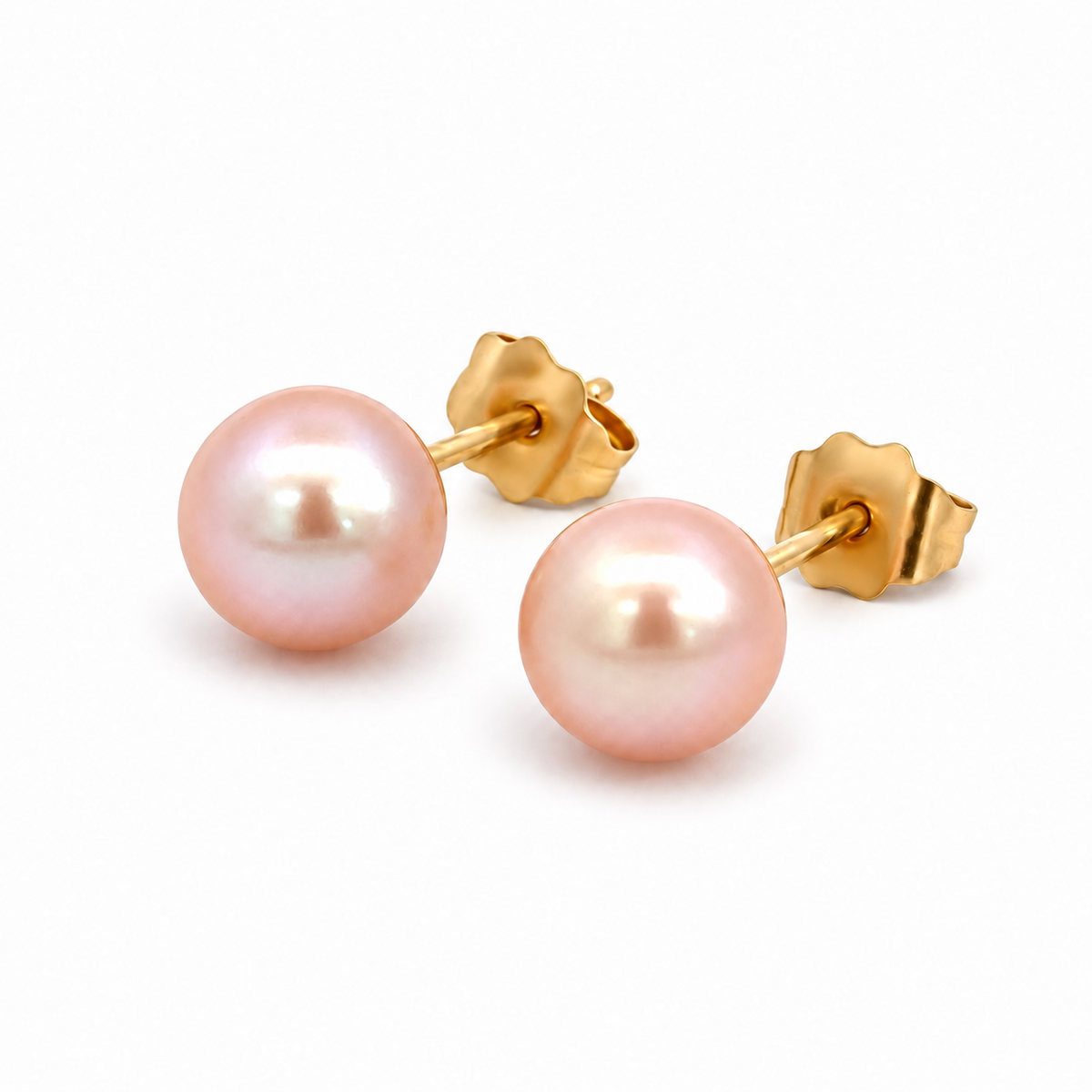 14K Yellow Gold 7mm Peachy Pink Pearl Stud Earrings