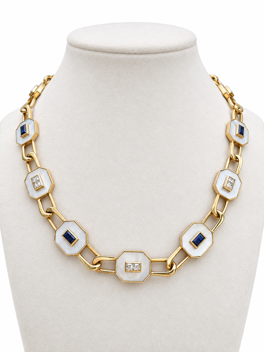 14K Yellow Gold Mother-of-Pearl, Diamond & Sapphire Convertible Necklace — Long Strand, Double Strand or Two Separate Necklaces