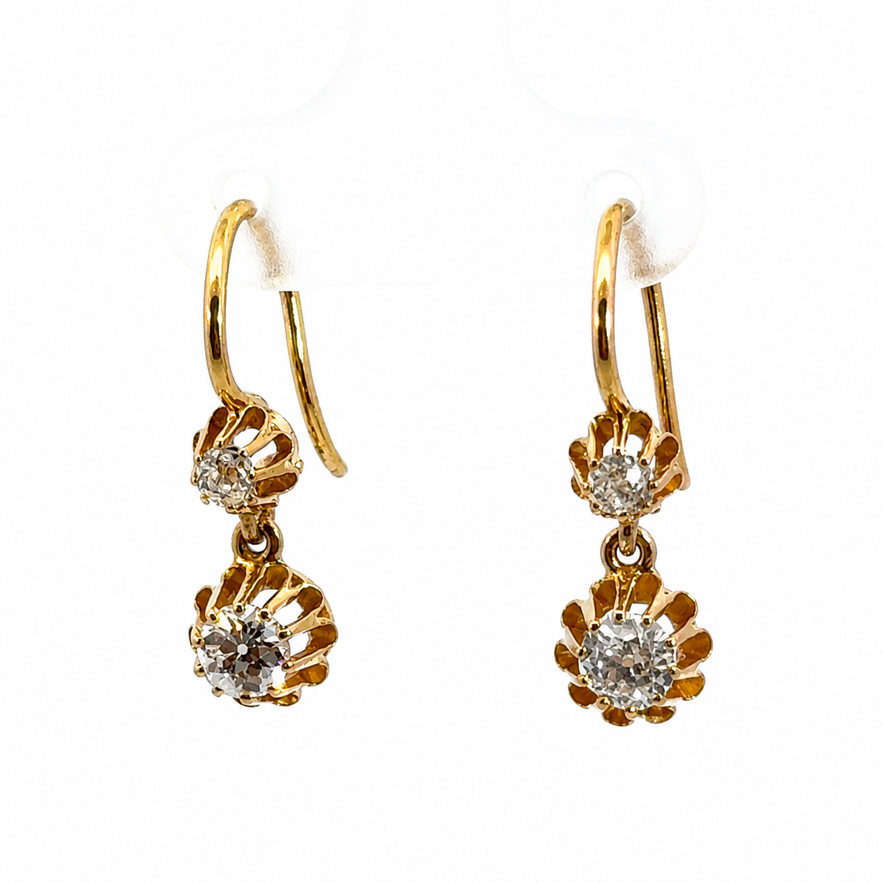 Russian-Made 14K Yellow Gold Rose-Cut Diamond Floral Drop Earrings
