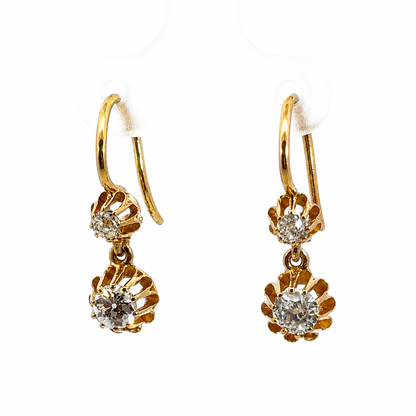 Russian-Made 14K Yellow Gold Rose-Cut Diamond Floral Drop Earrings