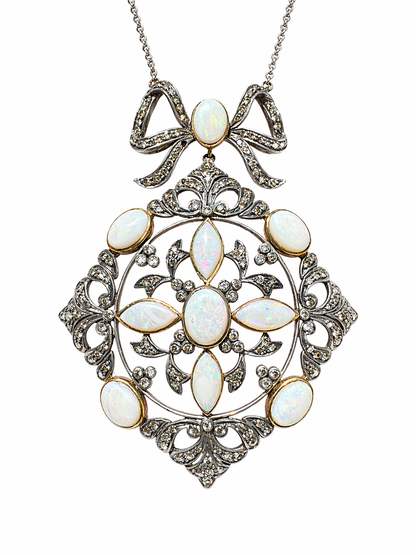 Antique Diamond and Opal Bow Pendant Necklace in 18K White Gold – Large Filigree Design