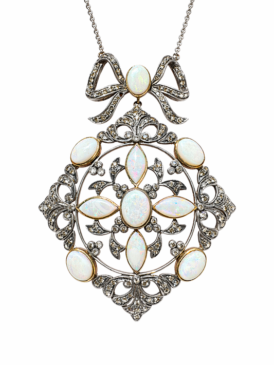 Antique Diamond and Opal Bow Pendant Necklace in 18K White Gold – Large Filigree Design