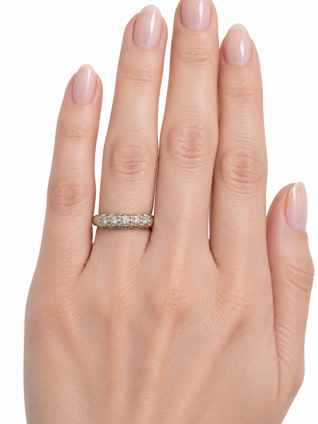 Antique 14K White Gold Diamond Band with Scalloped Settings