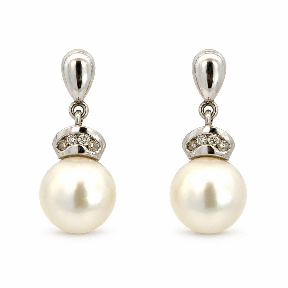 14K White Gold Diamond-Capped Pearl Drop Earrings