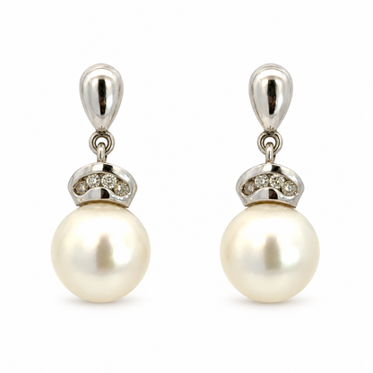 14K White Gold Diamond-Capped Pearl Drop Earrings