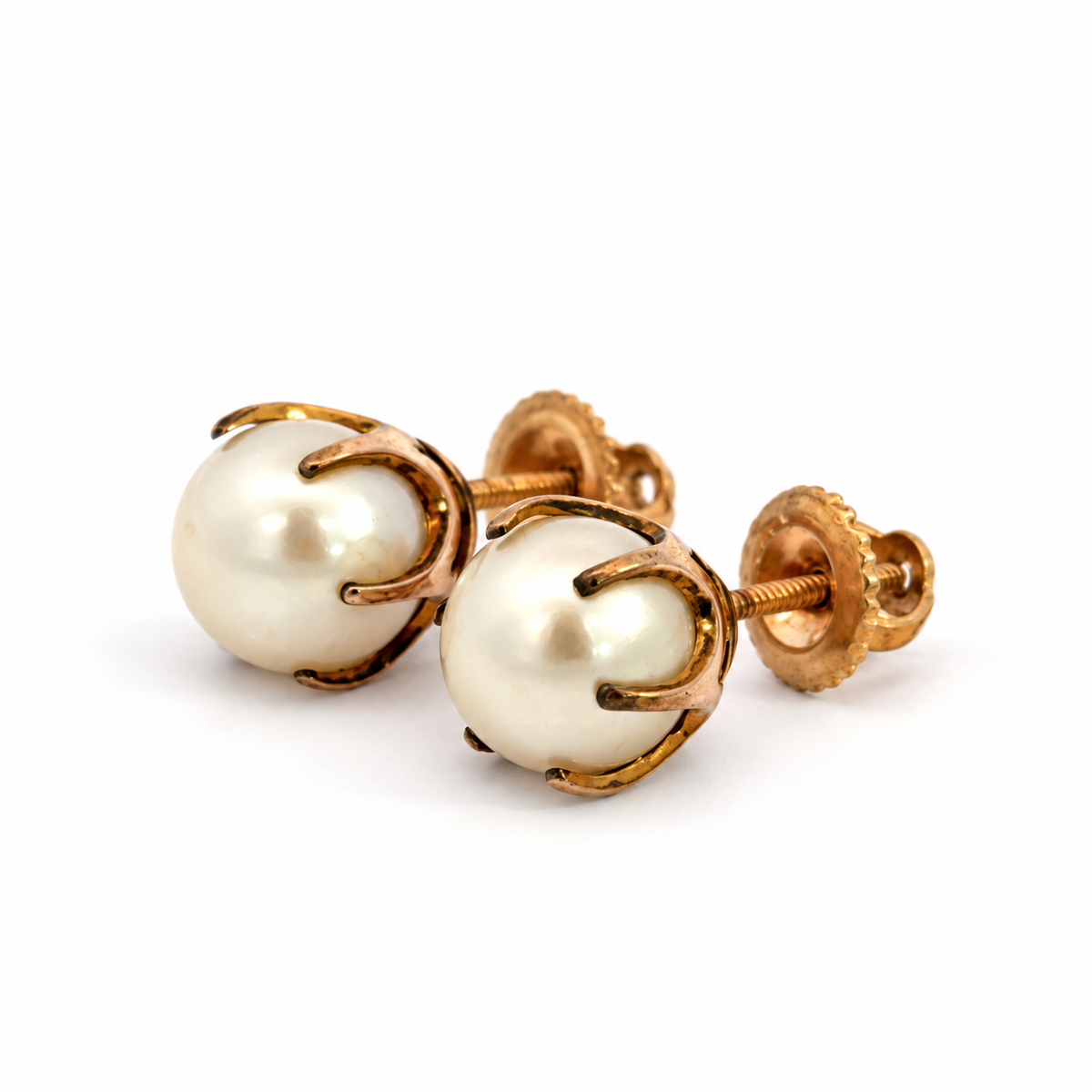 14K Yellow Gold Pearl Earrings with Openwork Cage Settings