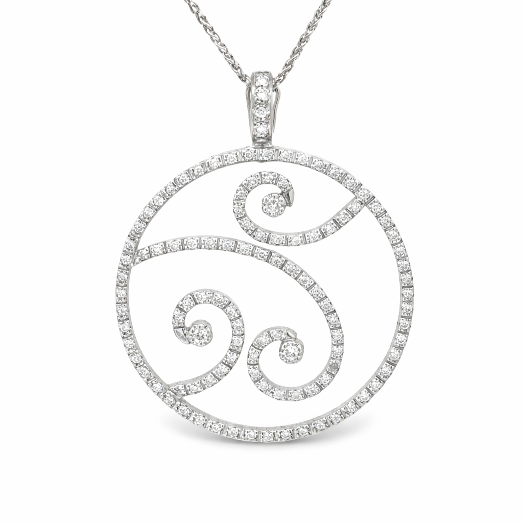 Large 18K White Gold Diamond Circle Swirl Enhancer Pendant