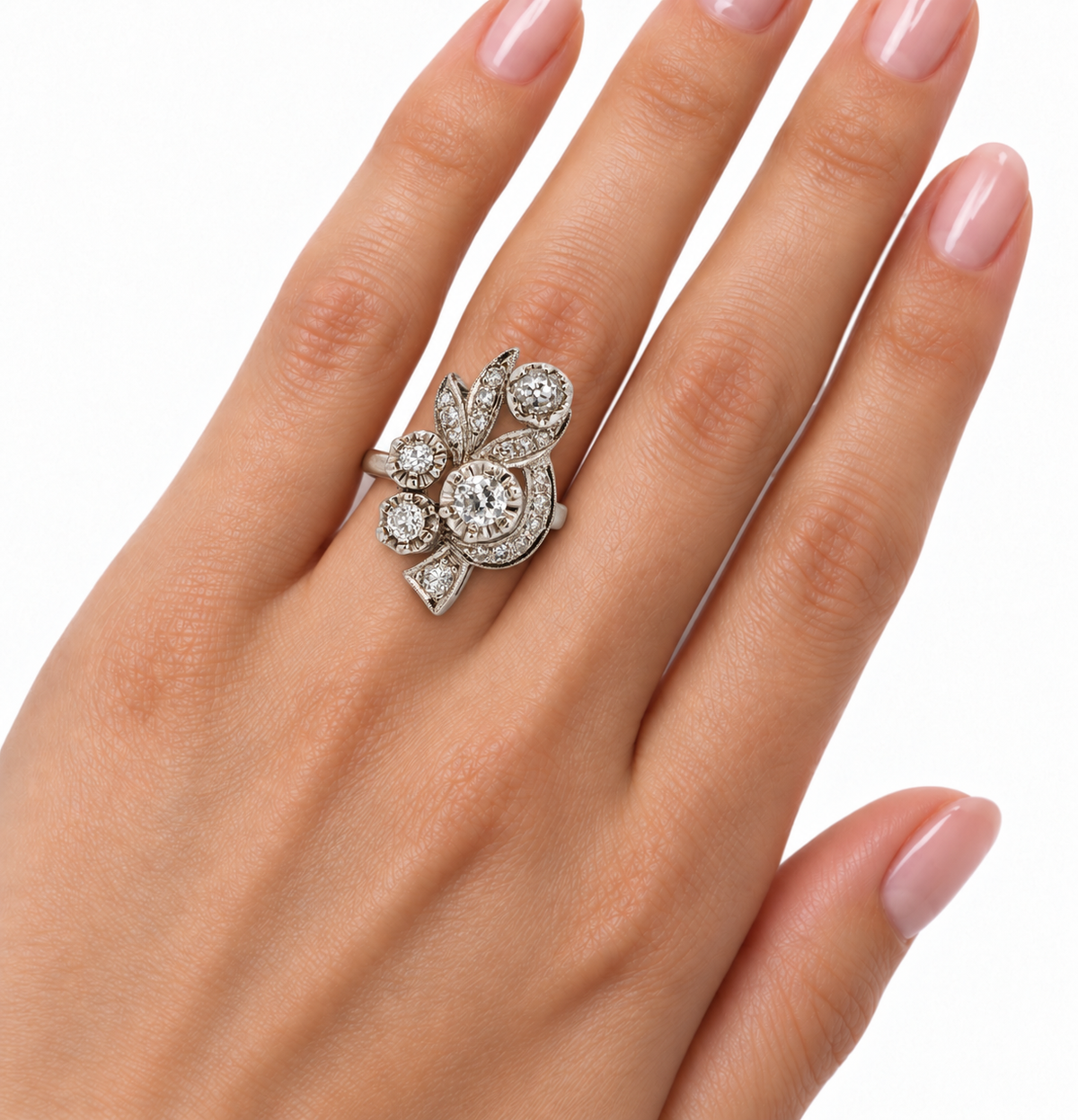 Vintage 14K White Gold Diamond Floral Bouquet Ring