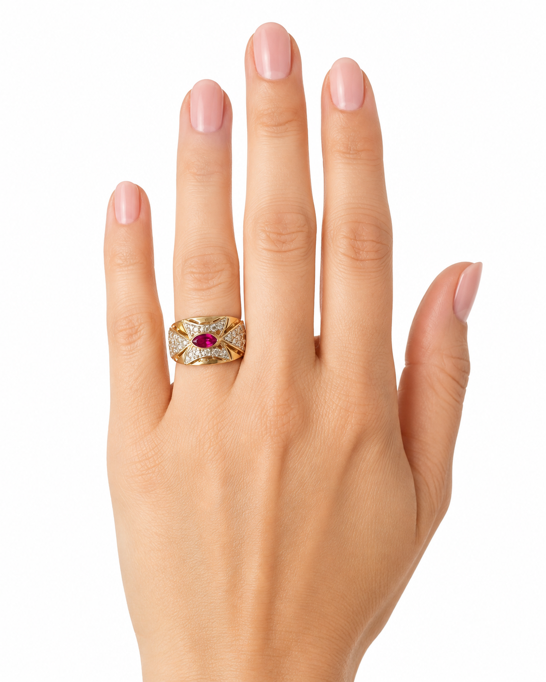 14K Yellow Gold Marquise Ruby Diamond Vintage Cocktail Ring